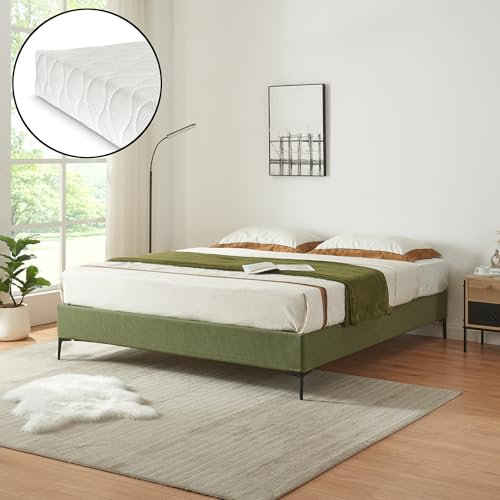 [en.casa] Doppelbett Lilla mit Matratze 140 x 200 cm Bettgestell mit abnehmbarem Bezug Cord Bett mit Lattenrost Polsterbett Grün