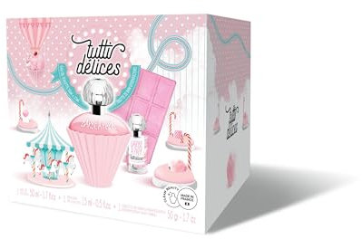 Coffret cadeau Parfum Tutti Delices Barbe à Papa - Cadeau parfait pour elle - Contient une Eau de Parfum 50ml, une Eau de Parfum 15ml, ainsi qu’une tablette de bain effervescente