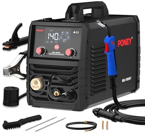 PONEY 140A MIG Welder 110V/220V Dual Voltage - 5 in 1 Portable Gasless MIG/MAG/FLUX/TIG/MMA Welding Machine with Synergic Control, IGBT Inverter & LED Display
