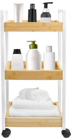 homewell Rollwagen Küchewagen mit 3 Ebenen, Servierwagen, Regal auf Rollen für Küche, Schlafzimmer, Büro, Schwarz/Weiß + Holzfarbe, 20 * 30 * 80 cm (Weißer Rahmen + Holztablett)