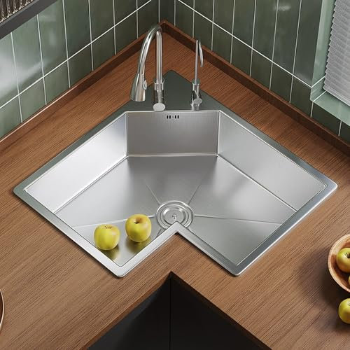 Fregadero Multifuncional, Fregadero de Cocina de Esquina en Forma de L, Acero Inoxidable 304, Lavabo Individual con Grifo Giratorio de 360° for Lavavajillas y Limpieza de Verduras