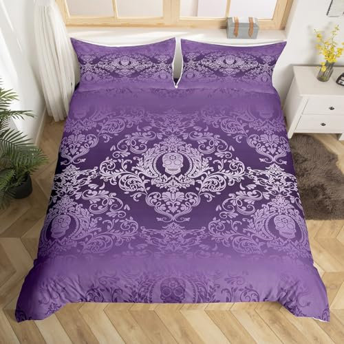 Loussiesd Set di biancheria da letto per adulti, in stile vintage damascato viola a fiori, copripiumino orientale antico, per letto singolo, stile gotico bohémien, copriletto esotico con teschio, 2