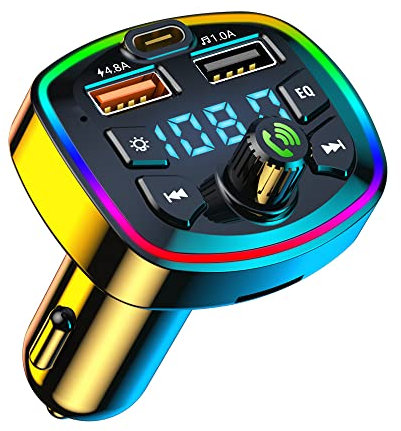Bluetooth Voiture Transmetteur FM, Adaptateur Radio Lecteur de MP3, Allume Cigare Charge Rapide, Musique Accessoire Voiture, Kit Emetteur 4.8A USB, Appels Mains Libres, Support USB/Carte TF