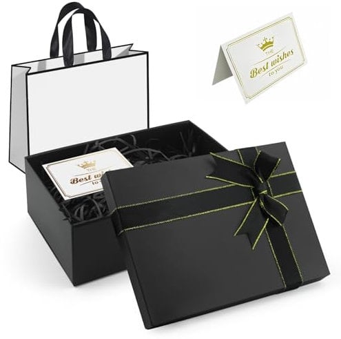 Schwarz Geschenkbox mit Deckel 21.5x16x8cm,Geschenk Verpackung Box Aus Karton,mit Tragetaschen,Schleife,Schöne Grußkarte und Bast,Schwarz Geschenkschachtel für Hochzeiten,Weihnachten,Geburtstage
