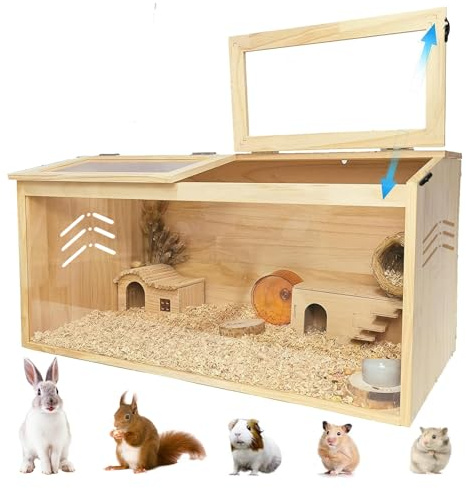 Kleiner Tierkäfig mit klappbarem Deckel,holzerner Hamsterkäfig Acrylfenster für Sicht geeignet für Meerschweinchen, Hamster, Schildkröten,100x50x50cm