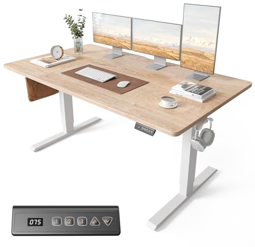 Cubiker Electric Standing Desk 160 x 80 cm, Height Adjustable Sit Stand Desk with Memory Presets, Home Office Computer Desk, White Frame with Oak Top