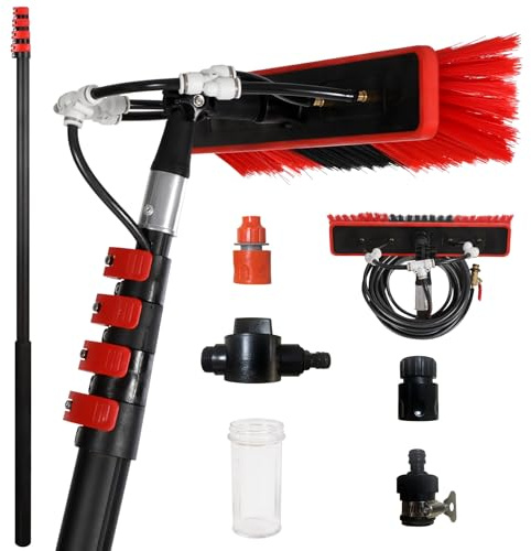 REDCAMP Telescopic Water-Powered Cleaning Pole Brush Kit,Window Cleaner 7M | Adjustable Angle &Soap Dispenser &Squeegee,Anti slip Handle,7M Cleaning Pole Reach for Windows Solar Panels Cars Trucks Roofs