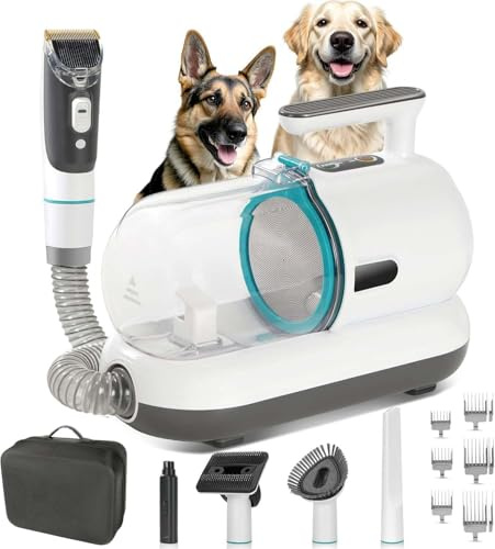 Dog Grooming Kit with Vacuum, 15kPa 1.5L, Cat Clippers, Suction 99% Pet Hair, Professional Pet Grooming Kit with 7 Proven Tools for Shedding Grooming, Cat Dog Grooming Vacuum Kit (White)