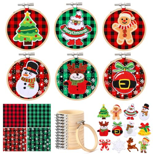 FEBSNOW 12 Pieces Christmas Embroidery Ornament Kit, Including 3 Inch Embroidery Hoops, Self Adhesive Christmas Patches and 5 Inch Squares Plaid Fabric for DIY Holiday Xmas Party Decoration