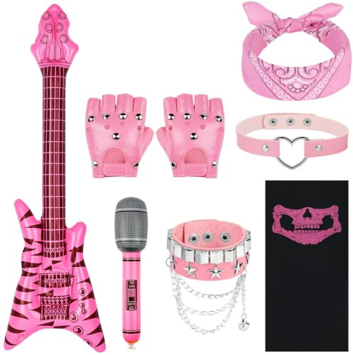 BSBUY Punker Rockstar Kostüm Accessoires Rockstar-Kostüm Punk Gothic Rocker Kit 8PC Heavy Metal Rock Kostüm Sonnenbrille/Bandana/Halsband/Armband/Maske/Handschuhe/Aufblasbare Gitarre Mikrofon-A