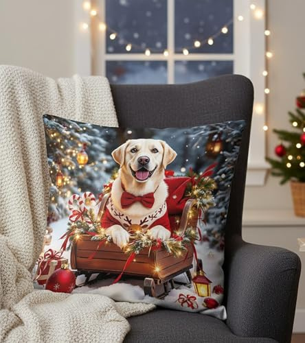 KAMACA Kissenbezug 40x40 cm weihnachtliche Kissenhülle mit liebevollem Tiermotiv stilvolle Wohn- & Weihnachtsdekoration für Sofa, Sessel & Schlafzimmer robust Winter Weihnachten (Hund im Schlitten)