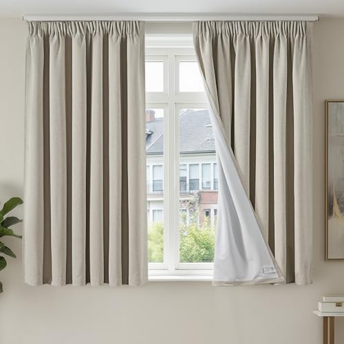 TOPICK 100% Verdunklungsvorhänge Gardinen Hell Leinen 2er Set H175xB140 | Blickdicht Gardinen mit Kräuselband Schlafzimmer Thermovorhang Wohnzimmer Leinenoptik Vorhänge für schienensystem