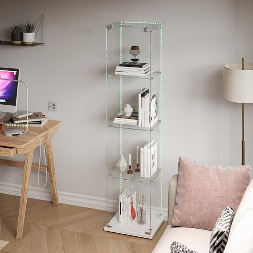 KOOPMAD Glasvitrine Standvitrine,Glasvitrine Schrank mit 1 Tür und LED-Lichtband,4-Stöckige,Glas Display Cabinet für Wohnzimmer, Büro,Schlafzimmer,40x35x163cm,Einfach zu Montieren, Weiß