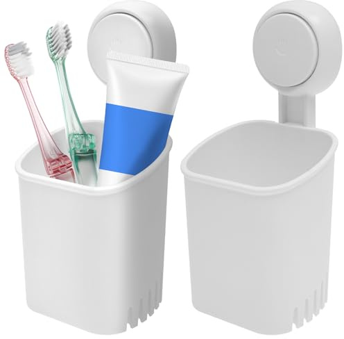 2 Pack Wall Mounted Toothbrush Holder, No Drilling Toothbrush Organizer with Drain Holes, Adhesive Suction Cup Shower Razors Holder for Toothpaste Makeup Brush Bathroom Kitchen, White