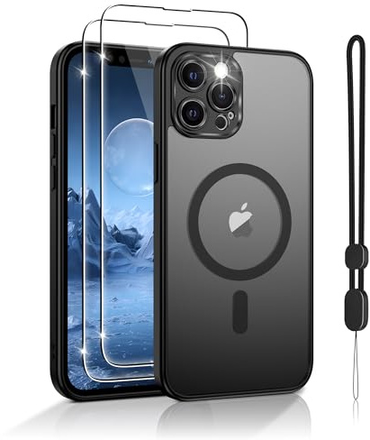 Jshru Magnetic for iPhone 12 Pro Max Case,Compatible with Magsafe,with Lanyard and HD Screen Protectors,[Durable & Sturdy] Slim Translucent Protective Cover,iPhone 12 Pro Max 6.7''-Black