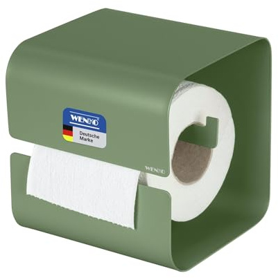 WENKO Turbo-Loc Toilettenpapierhalter Mod. Lizan, aus Stahl, selbstklebend, Starke Haftung, Wandmontage ohne Bohren, WC-Papierhalter mit Abdeckung, WC-Rollenhalter für Bad und Gäste-WC, grün matt