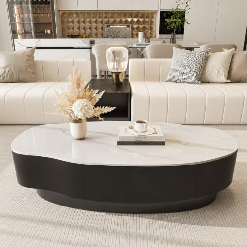 Ovaler Couchtisch Aus Marmor Mit Schublade, Couchtische Aus Sinterstein In Unregelmäßiger Form, Kombination Mit Beistelltisch Aus Gehärtetem Glas, Marmor-couchtisch F White 100*50*33cm/39.4*19.7*13in