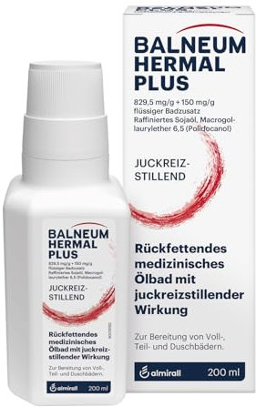 Balneum Hermal Plus, flüssiger Badezusatz, rückfettendes medizinisches Ölbad, juckreizstillend, unterstützend bei Hauterkrankungen mit trockener, schuppender Haut, mit Sojaöl und Polidocanol, 200 ml