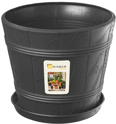 KADAX Blumentopf, Blumenkübel mit Untersetzer, Pflanzkübel für Innen- und Außenbereiche, Holzoptik, wetterfester Pflanztopf aus Kunststoff, Übertopf für Blumen, Garten, Balkon (Ø 26 cm, Grafit)