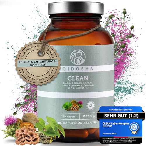 QIDOSHA® CLEAN Leber Komplex Kapseln, TESTSIEGER 01/2024*, 120 Kapseln im Apothekerglas, Leber-Kur ², mit Glutathion, Chlorella, Liponsäure, Cholin, NAC, Guduchi, Reishi, Mariendistel, Löwenzahn, Zimt