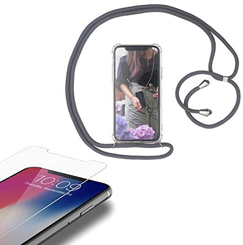 Eximmobile - Handykette kompatibel mit Samsung Galaxy A40 in Grau + Panzerfolie Schutzhülle Handy Hülle Band Seil Schnur Case Umhängen Handytasche Umhängehülle Kette Kordel Silikoncase