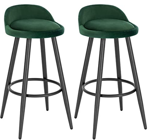 WOLTU Barhocker 2er Set, Barstuhl Küchenhocker, hoher Hocker mit Rückenlehne Fußstütze, aus Samt Metall, für Bars Theken Bistros, Dunkelgrün, BH296dgn-2