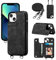 ZTOFERA Handyhülle mit Band Kette für iPhone 13, Matt Weiche Rückseite Hülle mit Kartenfach Kordel Schnur Umhängeband, Premium PU Leder + TPU Schutzhülle Lanyard Case, Schwarz