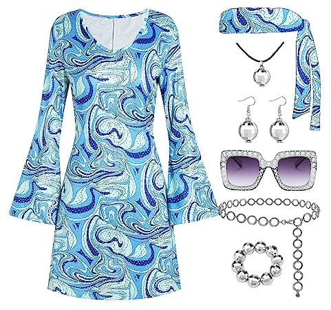 Deerjoke 70er-Jahre-Disco-Outfit für Damen, 70er-Jahre-Disco-Kleid, Kostüm, Hippie-Kleidung, Zubehör, Schmuck, Halloween, 7 Stück