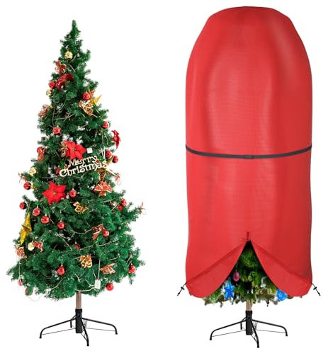 DUDSOEHO Christmas Tree Cover, 9 FT-Red, Upright Storage Bag with Adjustable Straps, Waterproof, Dustproof for up to 9 Foot Artificial Tree Standing with Ornaments