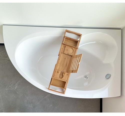 ECOLAM® Badewanne Wanne Eckwanne Eckbadewanne Acrylwanne Carmen 170x100 cm RECHTS + Bambusablage Wannenbrücke + Ablaufgarnitur Ab- und Überlauf Automatik Alcaplast Füße Silikon Komplett-Set