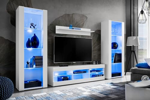 Komodee Ensembles de Meubles Tivoli Grande, Blanc Blanc, Largeur 250cm x Hauteur 159cm x Profondeur 35cm, LED Bleues, pour Salon, Chambre