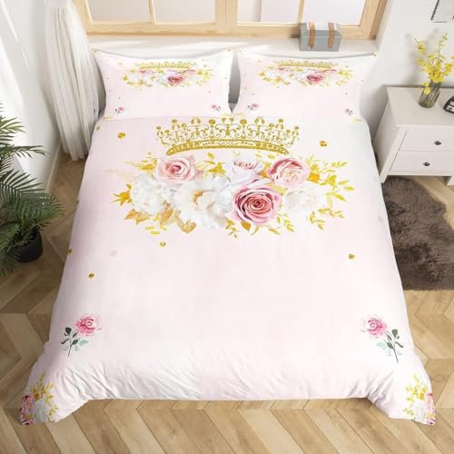 Homewish Girls Princess Bedding Set Single Size, Pink Rose Duvet Cover for Kids Women, White Flower Bedding Bedroom Decor, Romantic Floral Comforter Cover, Luxury Gold Crown Bed Cover
