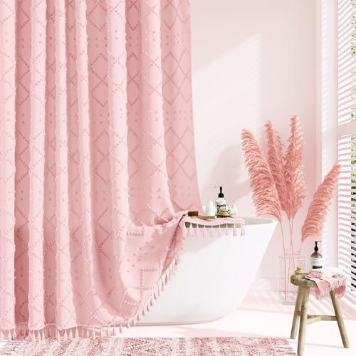 Dynamene Tenda da doccia in tessuto rosa, tenda da doccia in tessuto bohémien trapuntato geometrico a righe con nappe per bagno, stile shabby chic, moderna, in tessuto impermeabile, senza pieghe, 182