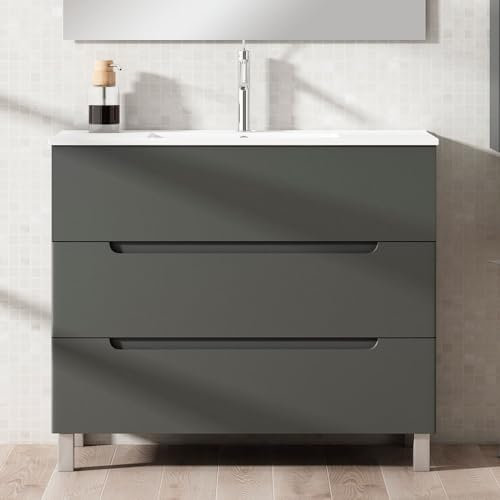 Kibath Mueble de Baño con Lavabo Victoria 80 cm 3 cajones con Patas Acabado Grafito Mate Fabricado en Madera