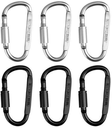 Carabiner Clip 6pcs Aluminum Alloy D Ring Locking Key Rings, Small Carabiner Clips with Screw Gate Lock, Backpacking Essentials Suitable for Hiking Camping Travelling Fishing Backpacking(Black Silver)