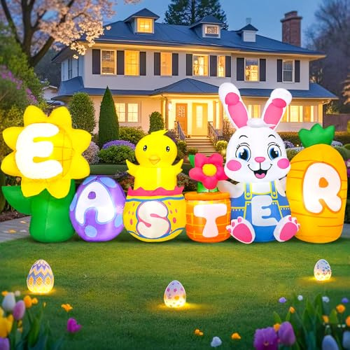 Aufblasbare Oster-Dekorationen mit Ei, Huhn, Karotte, integrierte LED-Lichter, Hofdekoration für Rasen, Garten, Urlaub, Party, 2,4 m