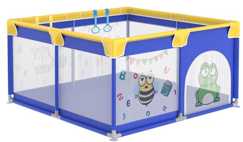 NAIZY Laufstall Baby XXL 200x180cm - Laufgitter mit Atmungsaktivem Netz, Rutschfester Basis, Krabbelgitter für Kinder Innen- und Außenbereich inkl. Trainingsarmband, Tiermuster Blau