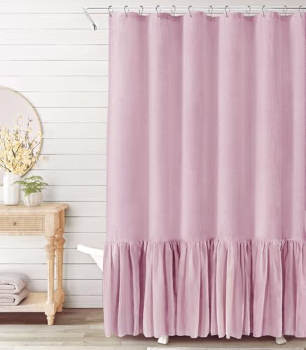Awellife Farmhouse Duschvorhang mit Rüschen, Leinen, strukturiert, Boho-Duschvorhang für Badezimmer, Rosa, 183 x 183 cm (B x L)