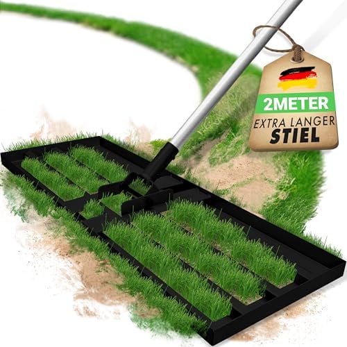 WENDOWERK® [80x30cm] Rasennevilierrechen Schwarz mit extra langem Stiel [2 Meter] Inkl. Gartenhandschuhe - Handlicher Rasen Nivellierrechen mit abgerundeten Kanten & Stecksystem - Rakel für Rasen