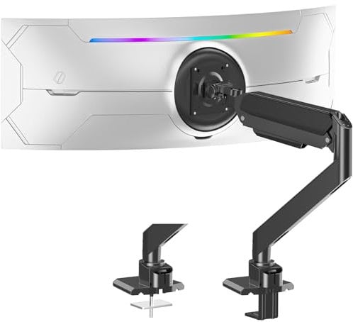 ELIVED Ultrawide Monitor Arm for Max 49 Inch Screen, Heavy Duty Monitor Desk Mount Support 2-20kg, Gas Spring Computer Stand, VESA 75 & 100mm with Clamp & Grommet Base, EV3227