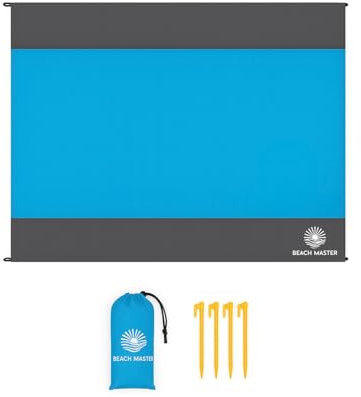 Beach Master Large Beach Mat - 210cm x 200cm Waterproof & Sandproof Picnic Blanket with Ground Stakes for Beach, Picnic, Camping or in the Park