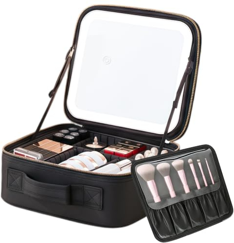 Makeup Bag with LED Mirror, Cosmetic Travel Bag with Light up Mirror, Portable Vanity Case with Adjustable Dividers, Makeup Brush Holder Storage