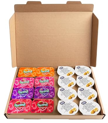 Individual Jam & Peanut Butter Selection, Raspberry, Strawberry, Blackcurrant and Apricot Spreads with Smooth Peanut Butter Portions, 16 pots