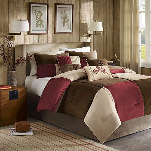 Madison Park Cozy Tröster-Set, lässiges Block-Design, für alle Jahreszeiten, passender Bettrock, dekorative Kissen, King-Size-Größe (264,2 x 233,7 cm), Rotbraun, 7-teilig