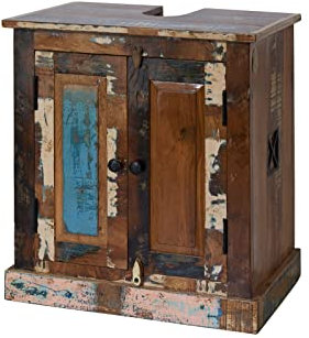 MASSIVMOEBEL24.DE | Spirit massiver Waschbecken-Unterschrank #101 - Mehrfarbig, lackiert | Indisches Altholz | 43x60x66cm | 2 Türen - 2 Fächer | Aufbewahrungsschrank Badschrank