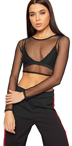 WearAll Womens Sheer Mesh Crop Top Ladies Long Sleeve Crew Neck Plain Stretch New - Black - 8-10