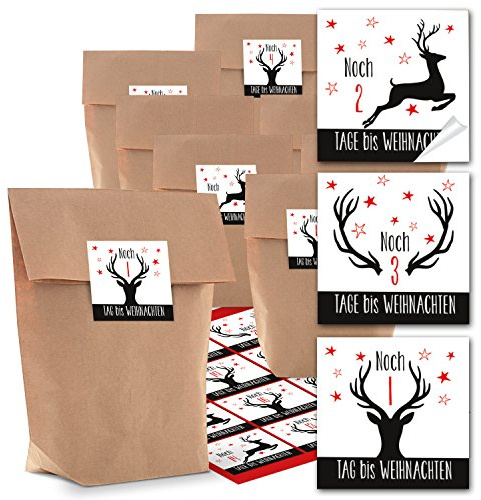 Logbuch-Verlag Adventskalender Bastel-Set 24 braune Papiertüten 16,5 x 26 x 6,6 cm + Adventskalenderzahlen Aufkleber schwarz weiß