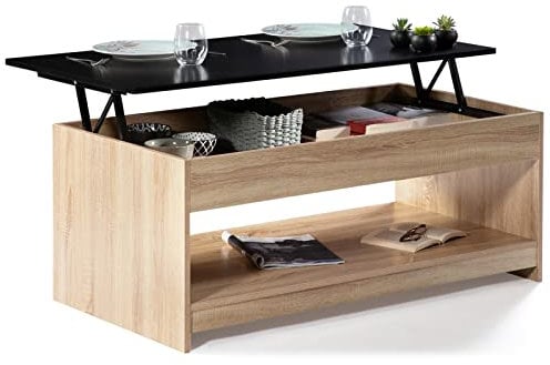 IDMarket - Table Basse Plateau relevable rectangulaire SOA Bois Imitation hêtre Plateau Noir