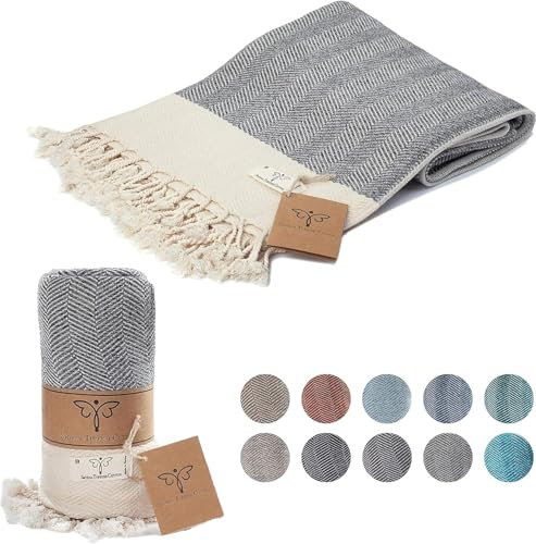 Smyrna türkische 100% Baumwolle Herringbone Kuscheldecke | Beste Qualität | Große 127x152cm kuschelige Decke |Hergestellt in der Türkei | Maschinenwaschbar |Premium Luxus Badetuch &Picknickdecke -Grau