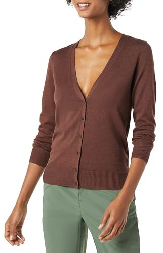 Amazon Essentials Cardigan léger à col en V (Grande Taille Disponible) Femme, Brun Châtaigne Foncé Chiné, L